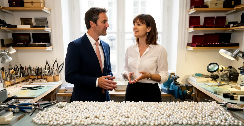 Deux professionnels discutant qualité perles en atelier bijouterie