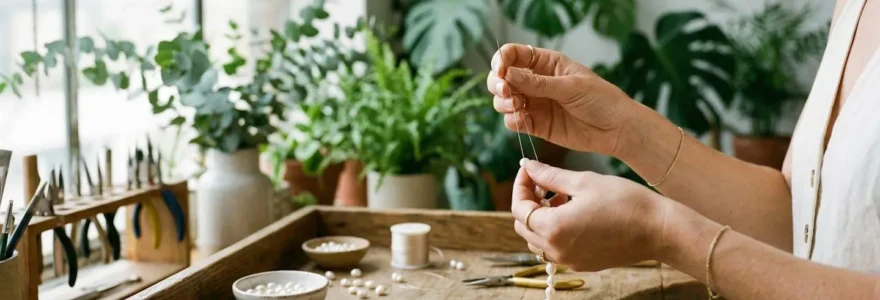 Mains d'une artisane manipulant délicatement des perles naturelles sur un plateau de tri en bois, dans un atelier baigné de lumière naturelle