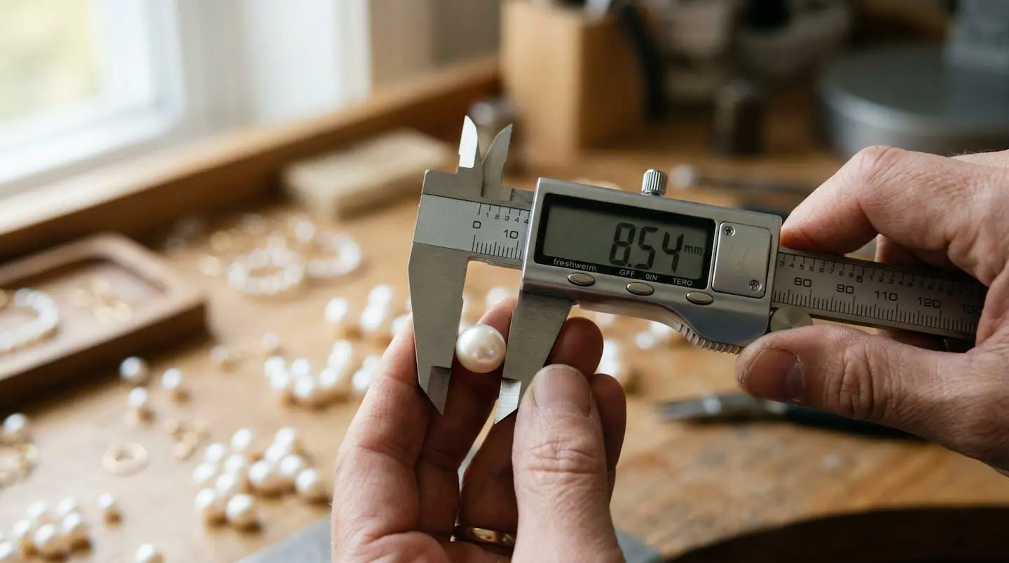 Gros plan sur un pied à coulisse numérique mesurant une perle naturelle, tenu par des doigts sur un plan de travail avec d'autres perles en arrière-plan flouté