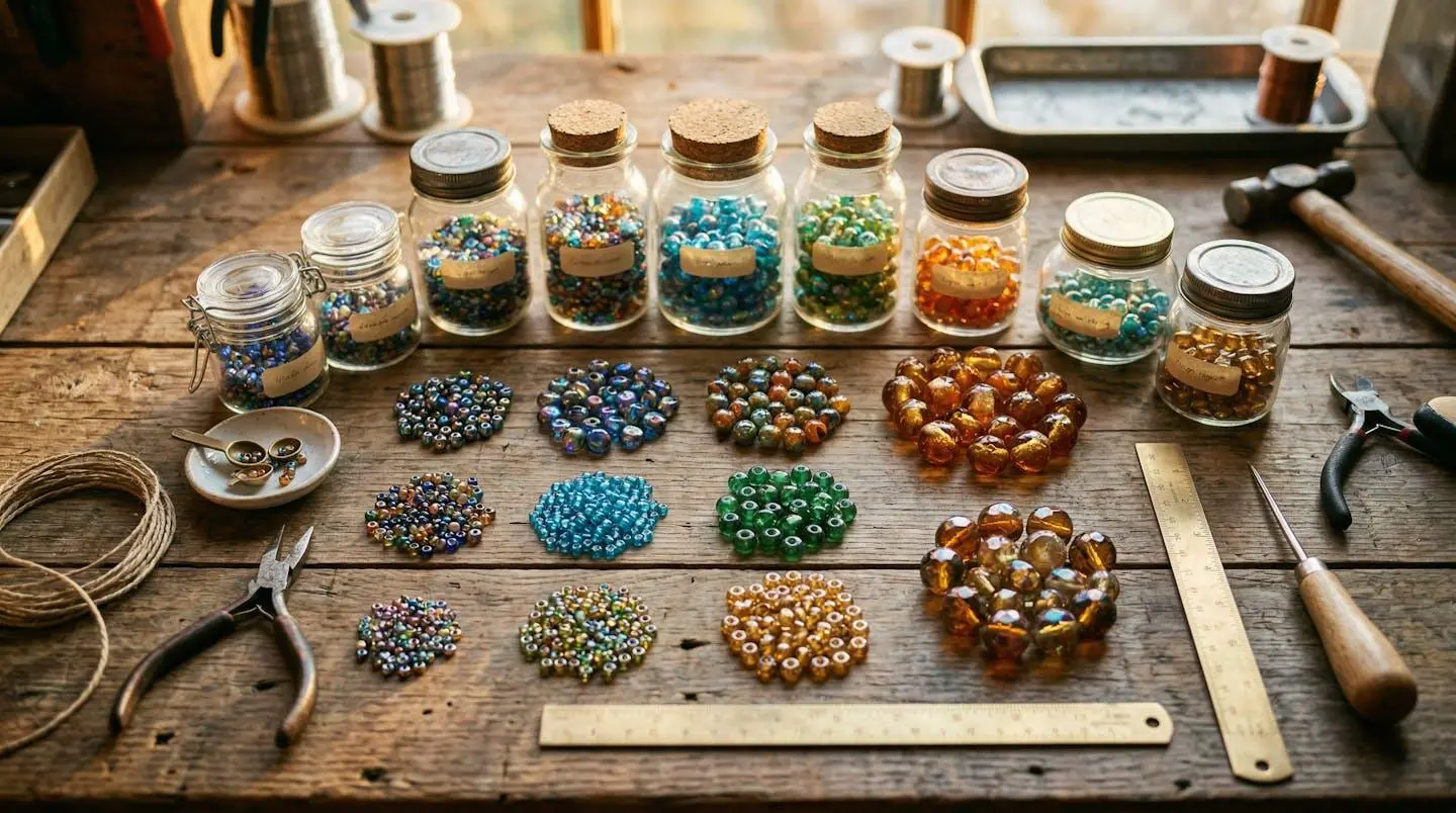 Vue plongeante sur un plan de travail d'atelier avec des perles naturelles triées en petits tas par taille, bocaux en verre et lumière chaude