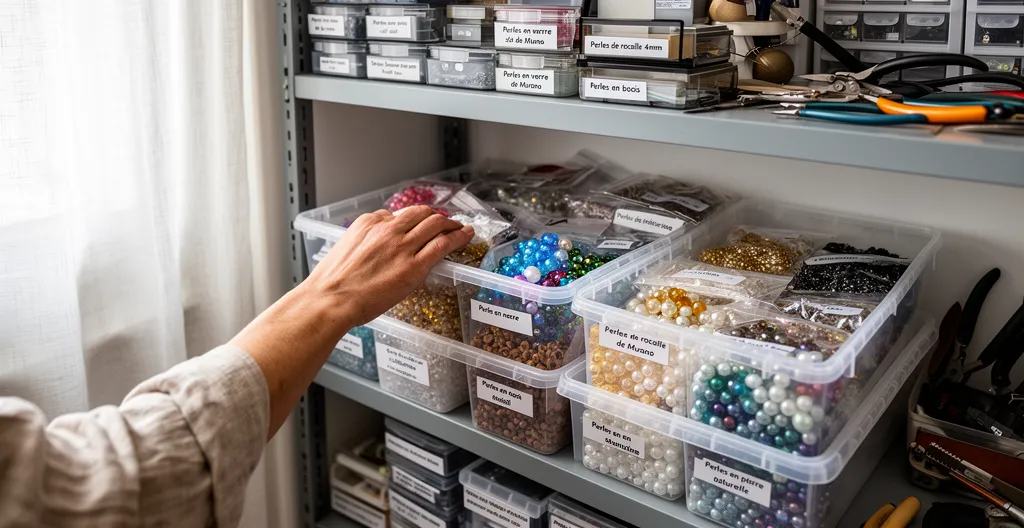 Organisation de perles dans bacs transparents étiquetés en atelier