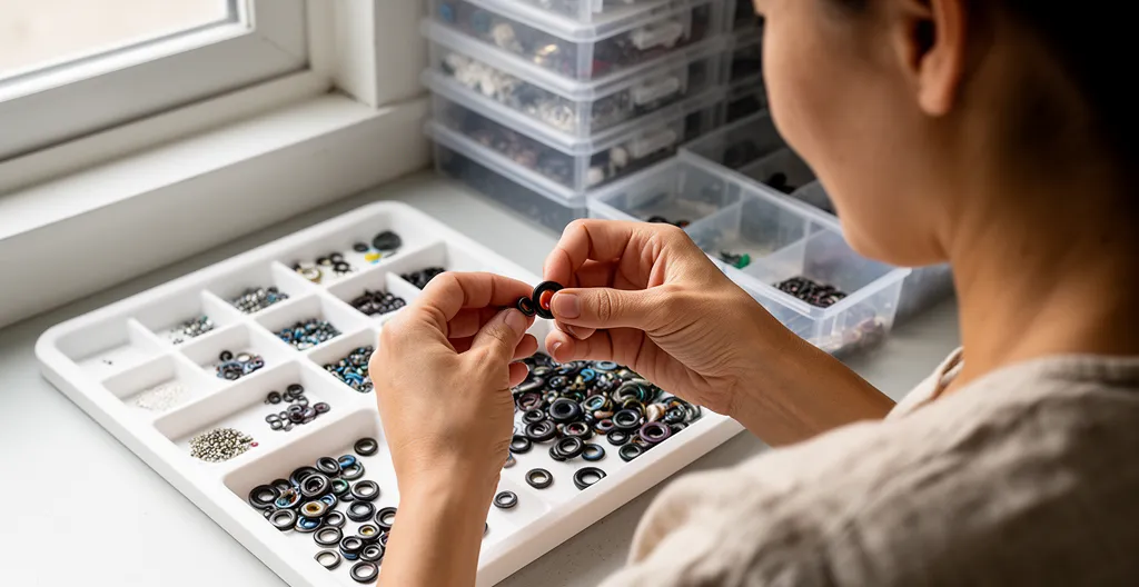 Vérification de perles heishi et rondelles sur plateau de tri